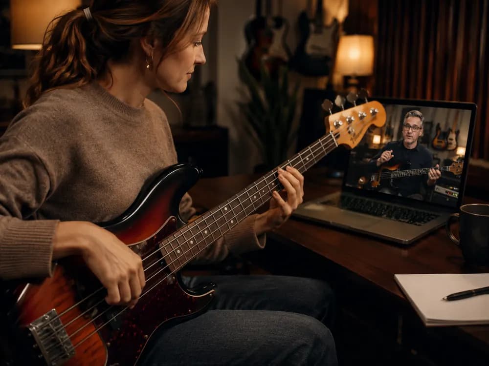 Beginner bass player learning at home, following along with an online tutor on a laptop.