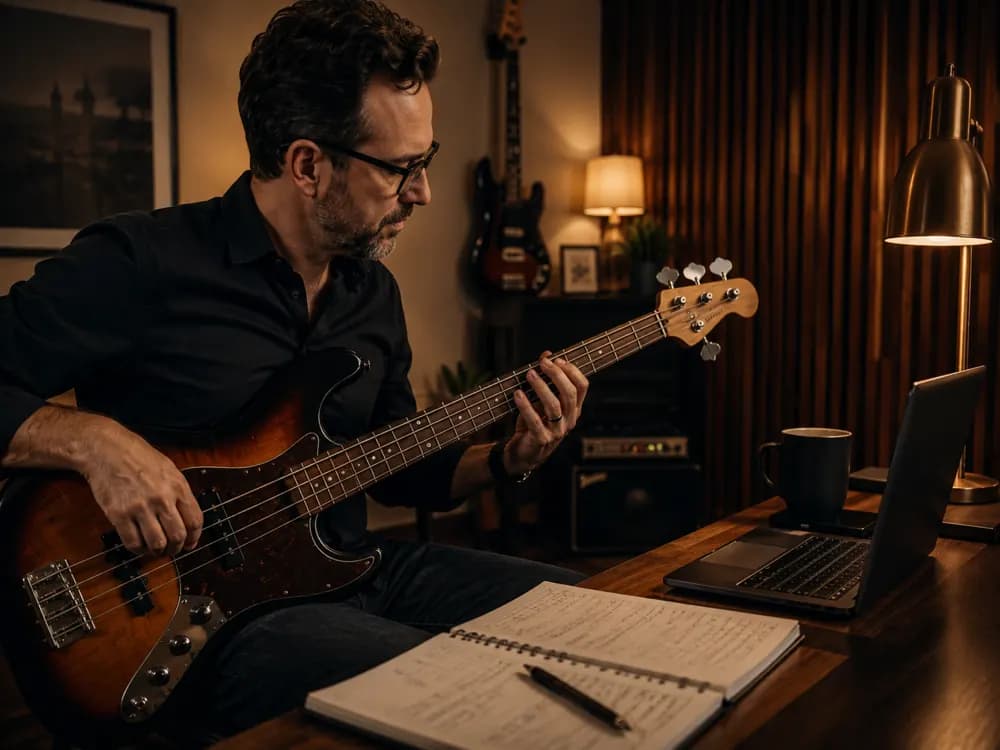 Bass player studying sheet music during an intensive online bass course.