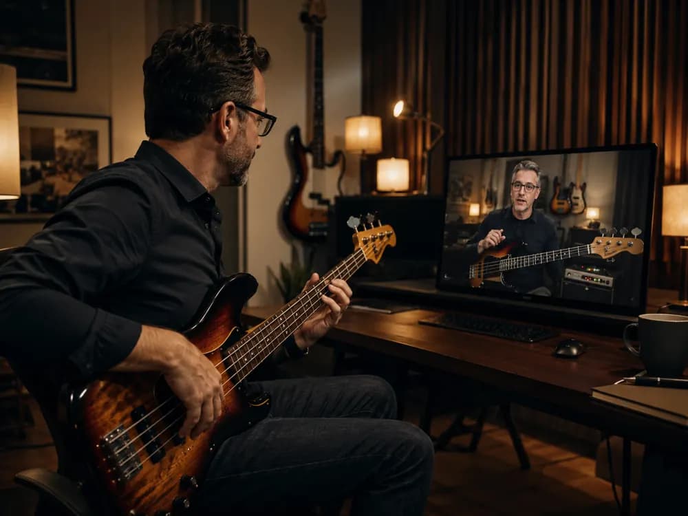 Bass student in a one-to-one online lesson, watching their tutor on a laptop screen.