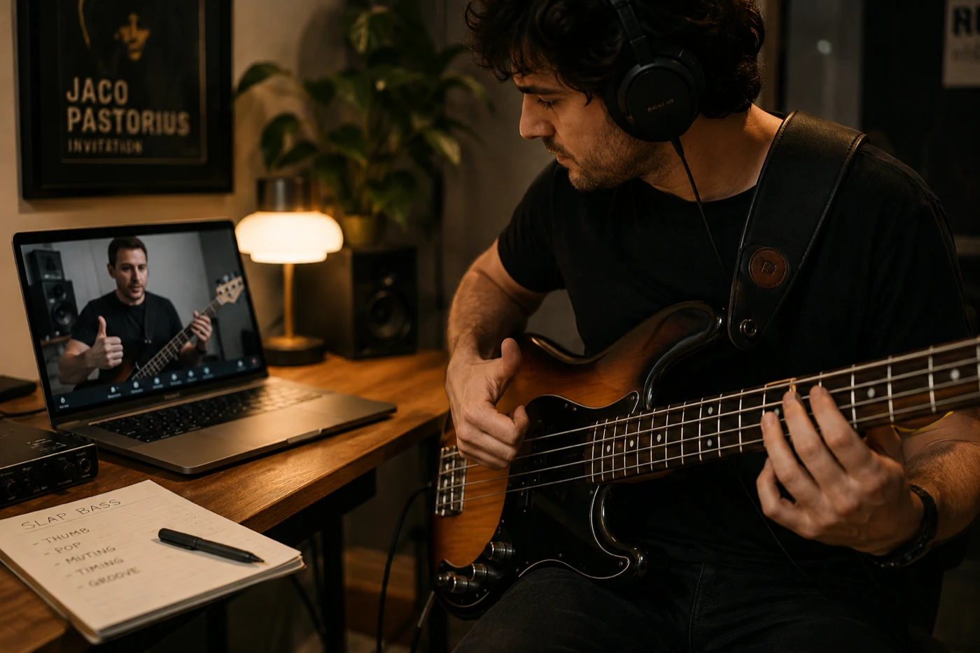 A bassist playing slap bass during an online lesson on a laptop