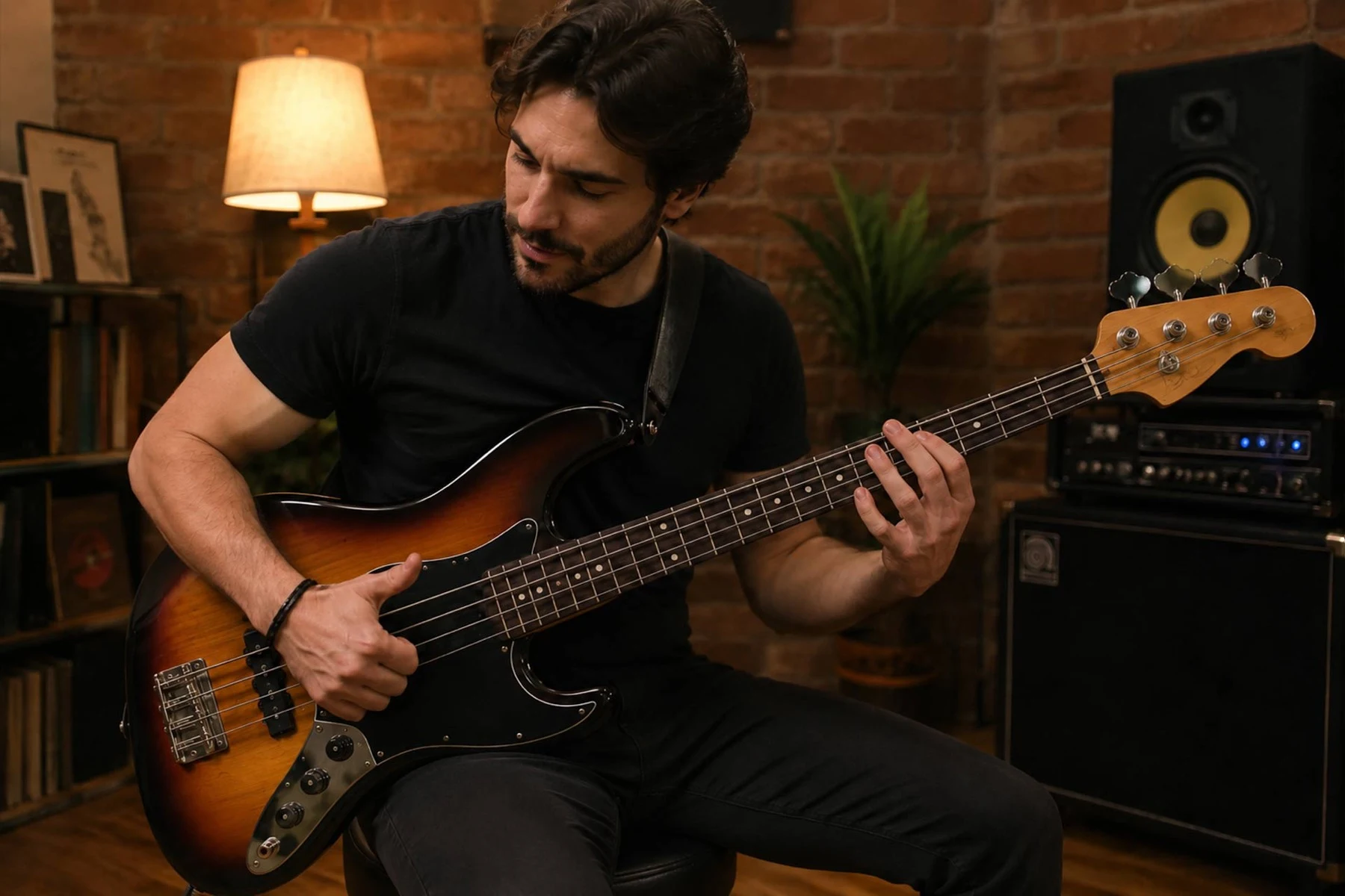 A bassist playing slap bass on a sunburst Jazz Bass in a brick-walled studio