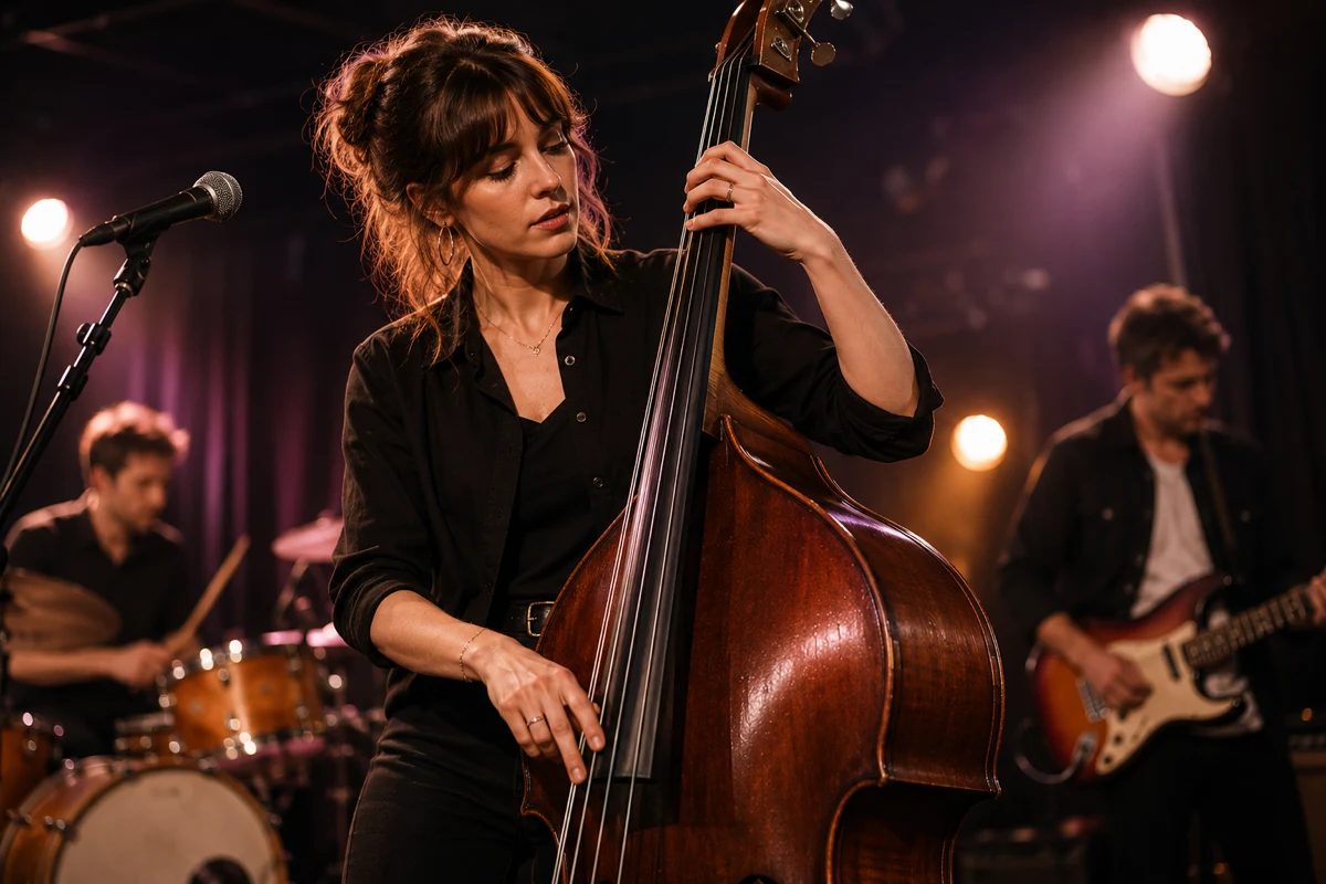 A woman playing an upright double bass live on stage with her band