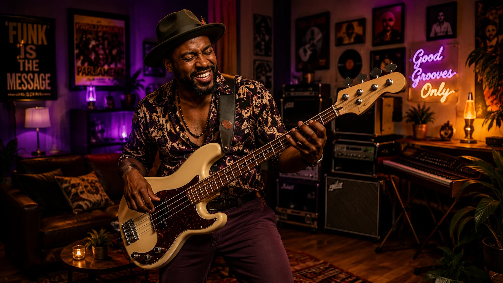 A funk bassist in a hat playing electric bass beside a neon 'Good Grooves Only' sign