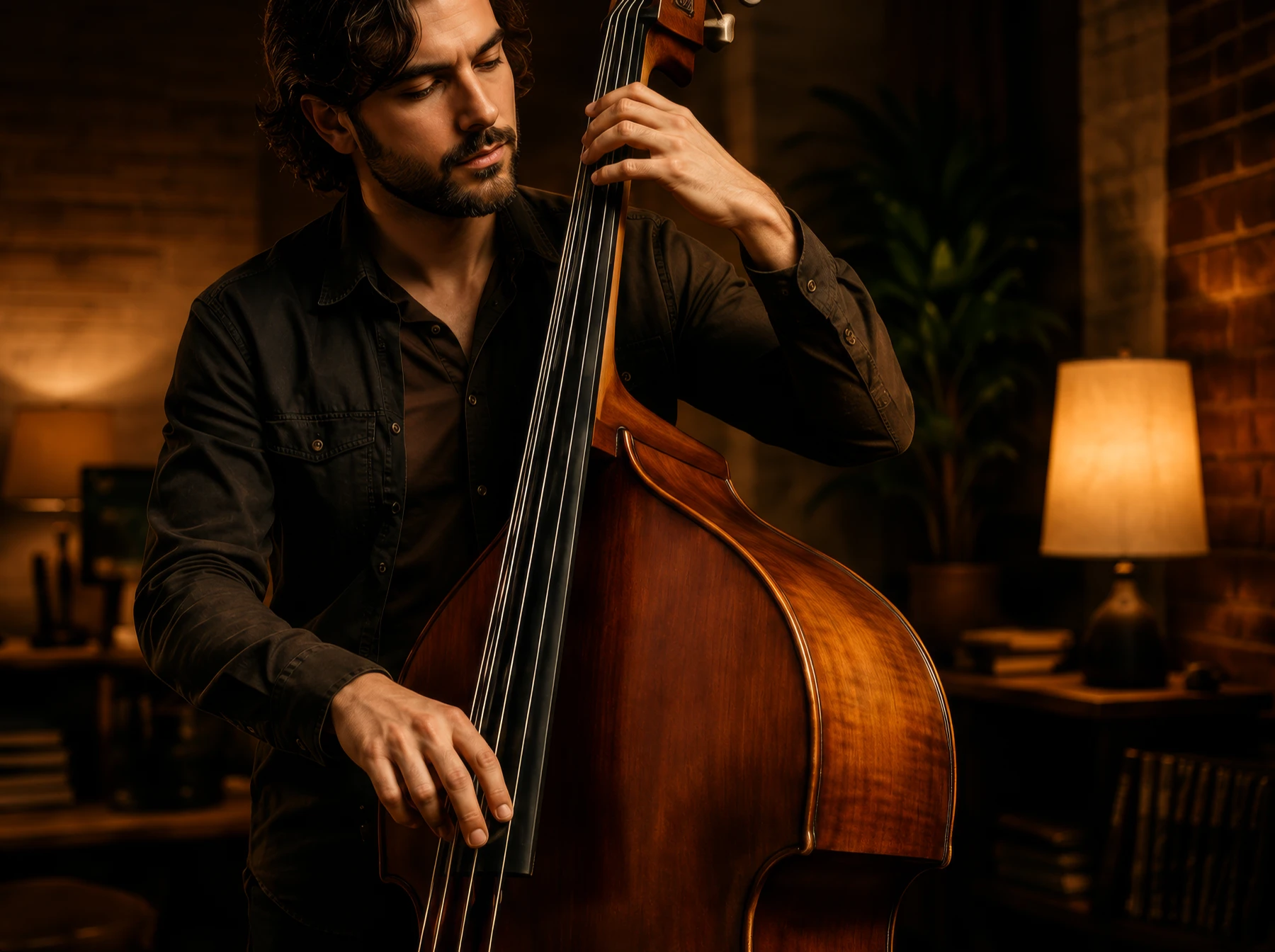 A man playing an upright double bass in a warm room
