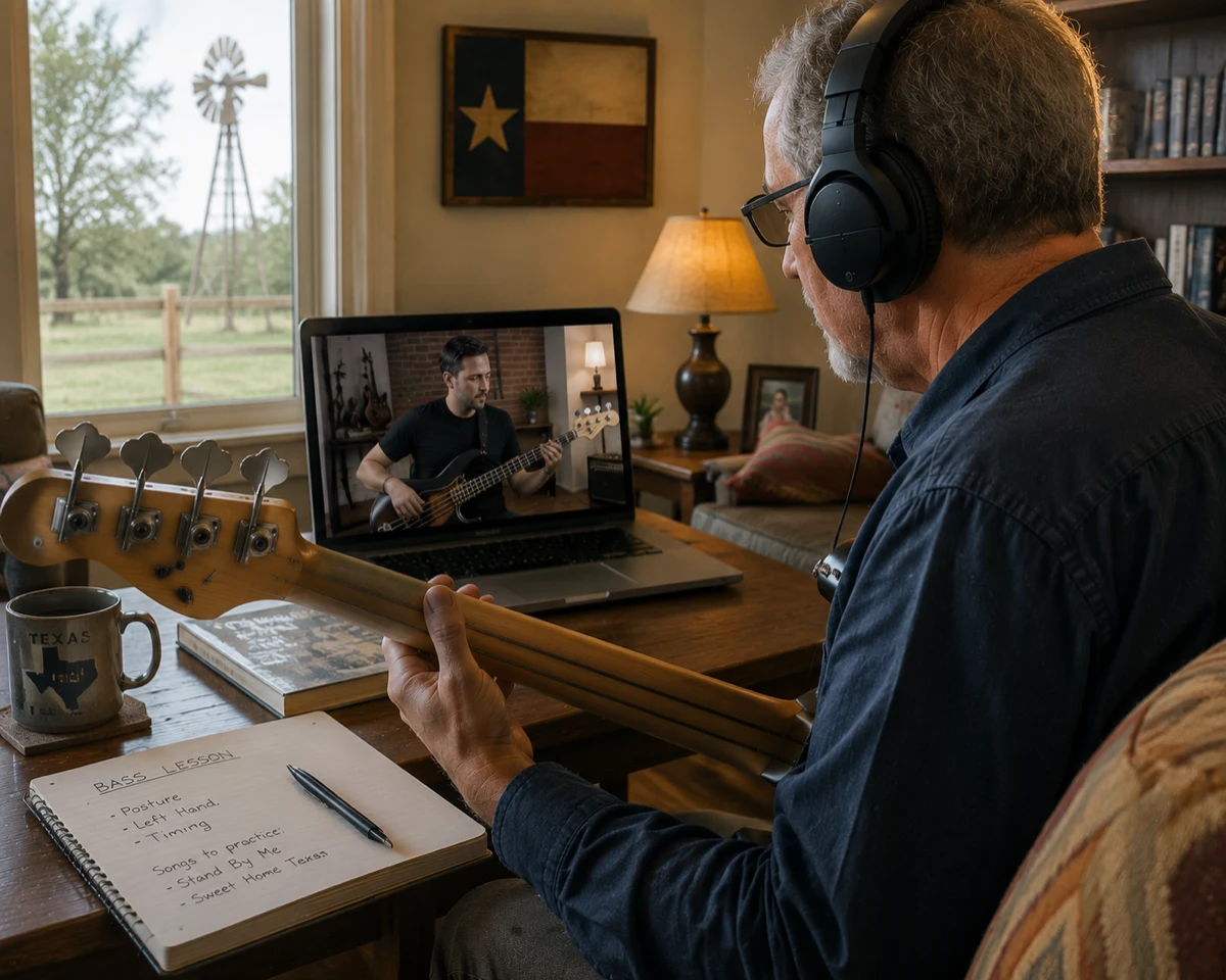 A man taking an online bass lesson at a laptop in a Texas home, with a ranch view, Texas flag and lesson notes