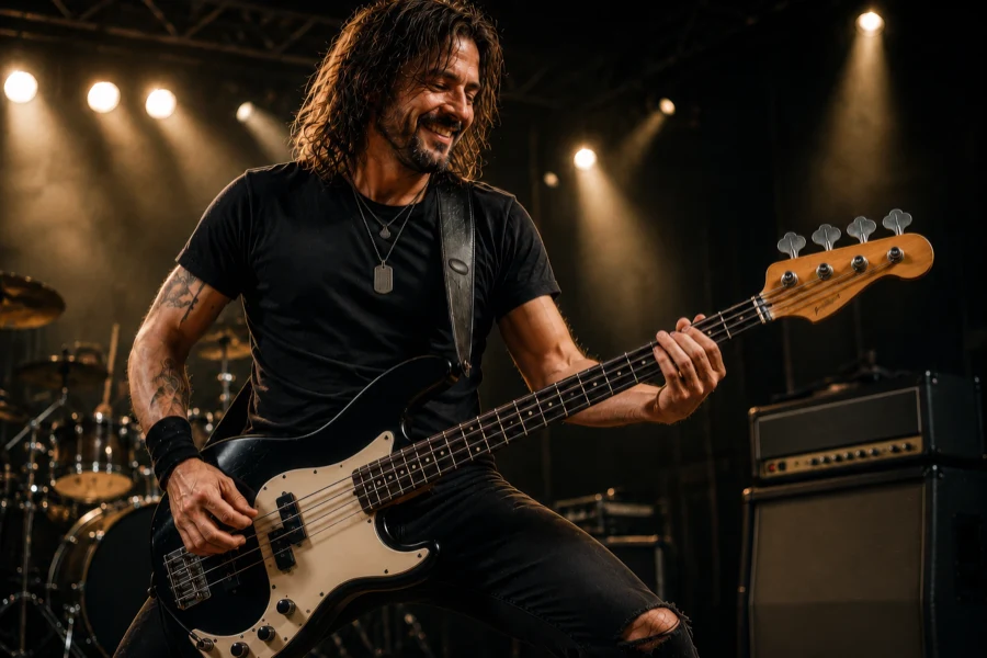 A rock bassist playing electric bass on stage under warm stage lights