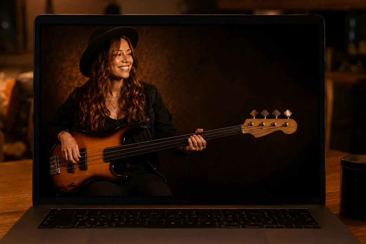 A smiling woman in a black hat playing a sunburst fretless bass guitar, shown on a laptop screen during an online bass lesson