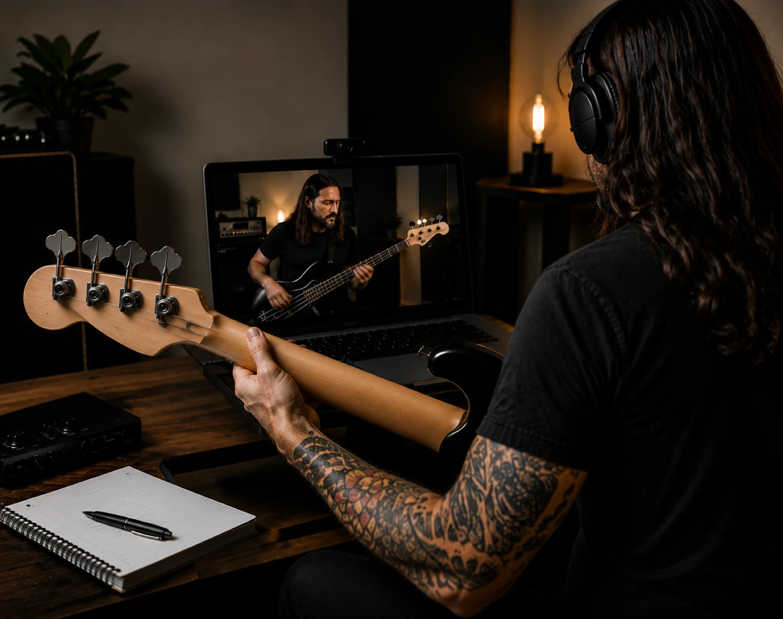 A tattooed bassist taking an intensive online bass lesson, watching the teacher on a laptop