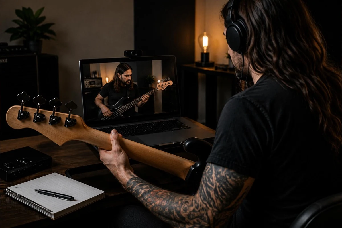 A tattooed metal bassist taking an online bass lesson, watching the teacher on a laptop