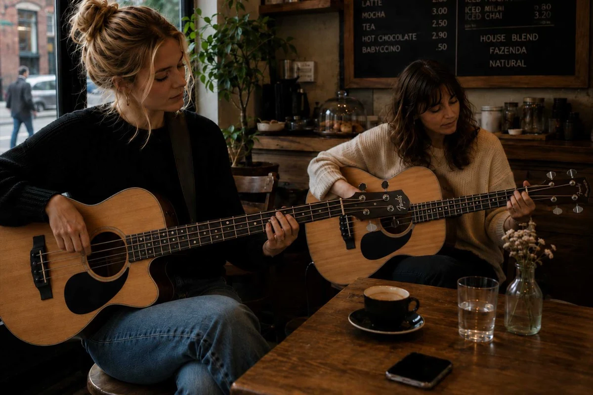 Two women in a café — one playing an acoustic bass guitar, the other an acoustic guitar