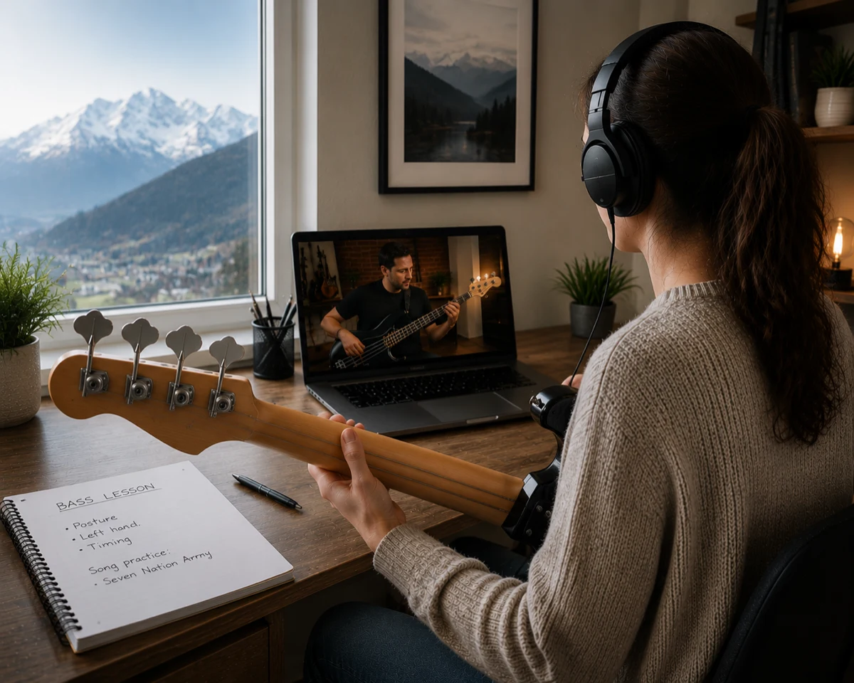 A woman taking an online bass lesson at a laptop in front of a Swiss Alps mountain view, with lesson notes