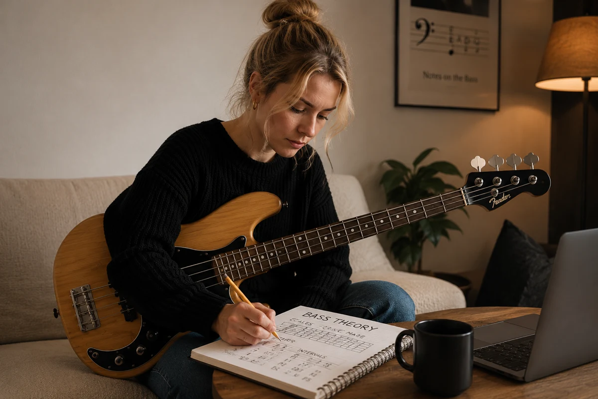 A woman studying bass theory — writing scales and intervals in a notebook, with a bass and a laptop